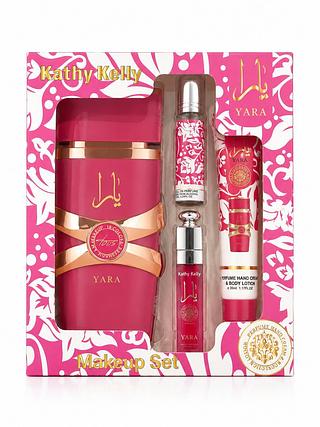 kathy kelly makeup set 4pcs paleta de sombra , gloss, creme de mão mais perfume yara pink