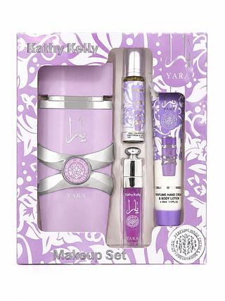 kathy kelly makeup set 4pcs paleta de sombra , gloss, creme de mão mais perfume yara roxo