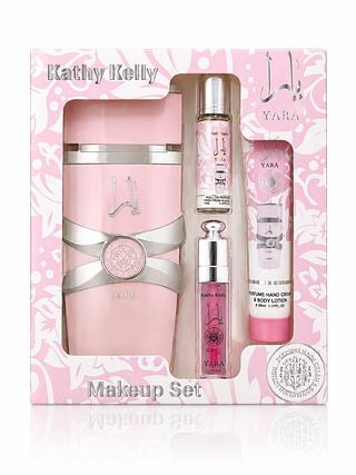 kathy kelly makeup set 4pcs paleta de sombra , gloss, creme de mão mais perfume yara rose